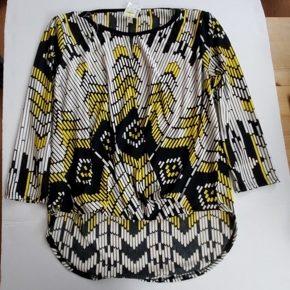 CHENAULT Black White Yellow Overlapped Long sleeve Abstract Casual Blouse Tops - Picture 4 of 11